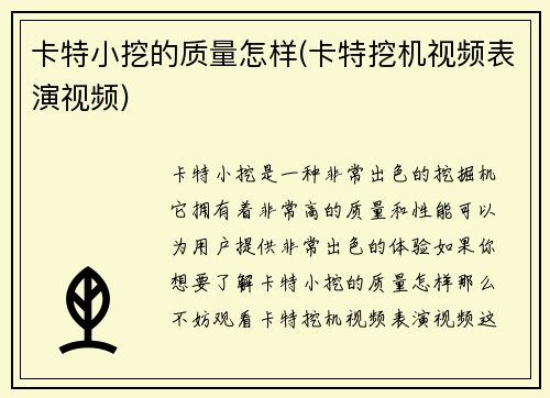 卡特小挖的质量怎样(卡特挖机视频表演视频)