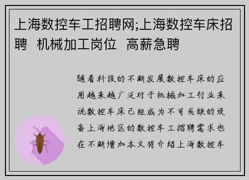 上海数控车工招聘网;上海数控车床招聘  机械加工岗位  高薪急聘